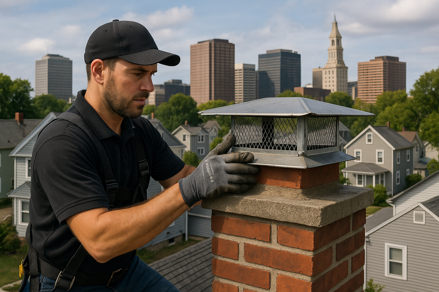 Technician installing stainless steel chimney liner